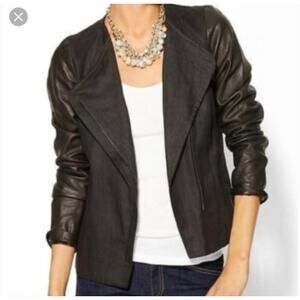 VINCE Black Leather Linen Silk Zip Drape Asymmetric Motorcycle Moto Jacket Sz 12